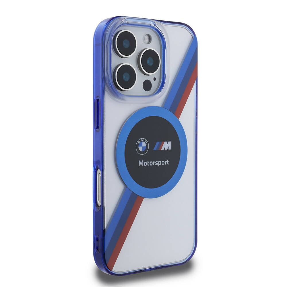 Apple iPhone 16 Pro Max Kılıf BMW Orjinal Lisanslı M-safe Şarj Özellikli M Logolu Üç Renk Çizgili Motorsport Circle Kapak Şeffaf
