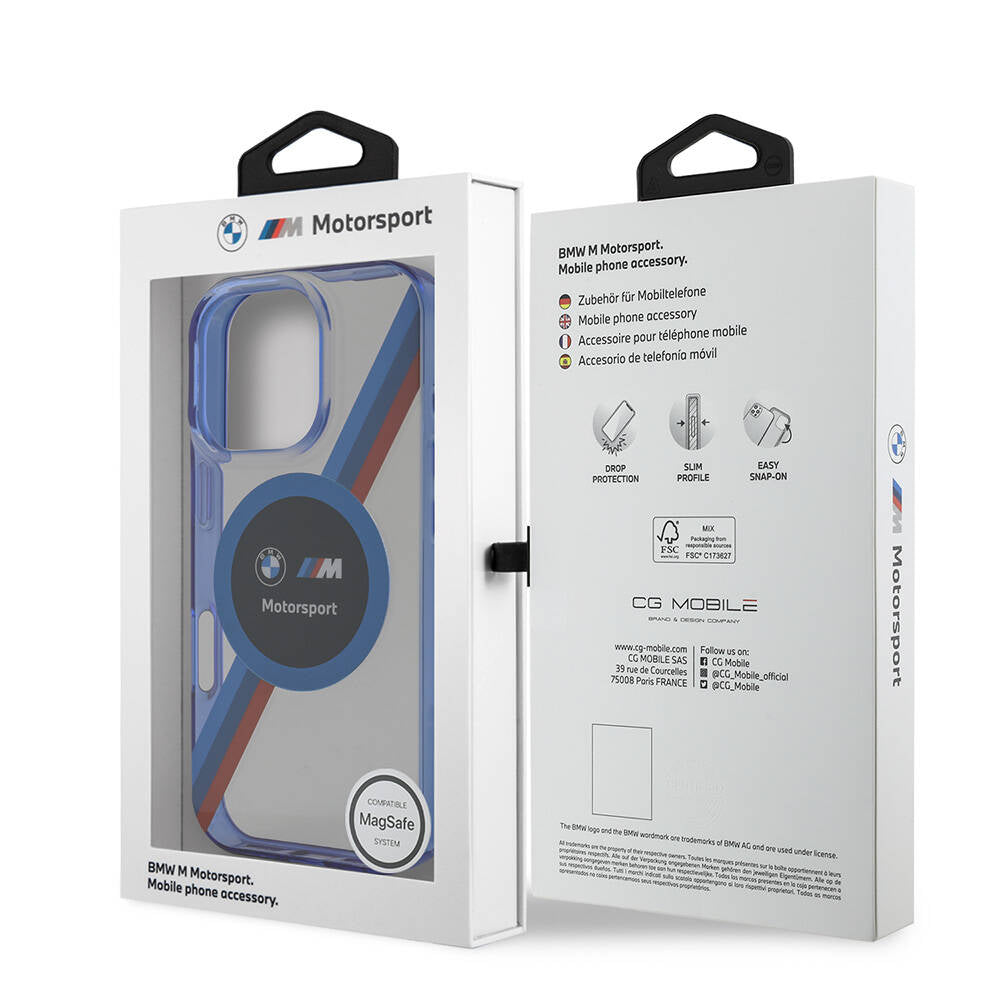 Apple iPhone 16 Pro Max Kılıf BMW Orjinal Lisanslı M-safe Şarj Özellikli M Logolu Üç Renk Çizgili Motorsport Circle Kapak Lacivert