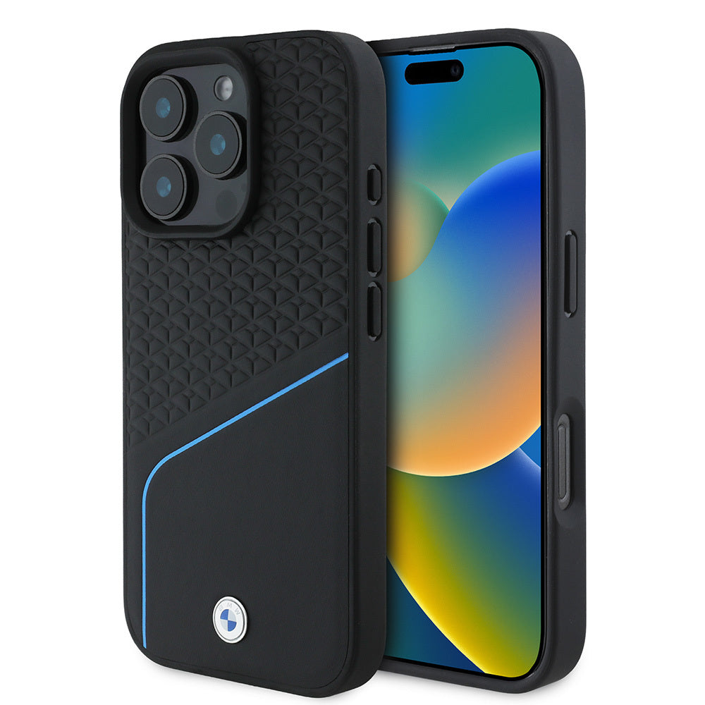 Apple iPhone 16 Pro Max Kılıf BMW Orjinal Lisanslı M-safe Şarj Özellikli Metal Logolu Dokulu ve Çizgili Deri Kapak Siyah
