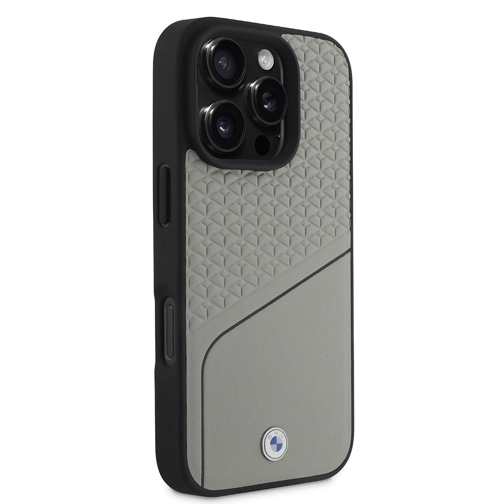 Apple iPhone 16 Pro Max Kılıf BMW Orjinal Lisanslı M-safe Şarj Özellikli Metal Logolu Dokulu ve Çizgili Deri Kapak Gri