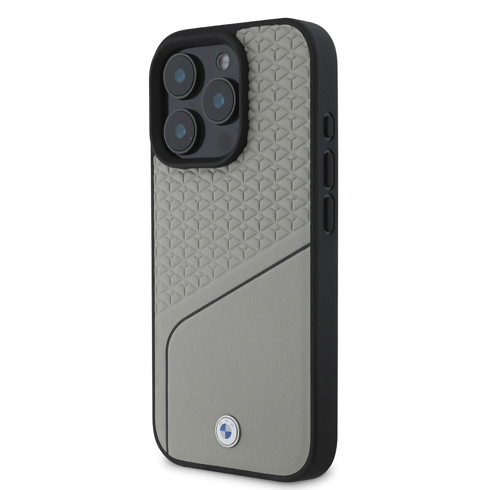 Apple iPhone 16 Pro Max Kılıf BMW Orjinal Lisanslı M-safe Şarj Özellikli Metal Logolu Dokulu ve Çizgili Deri Kapak Gri