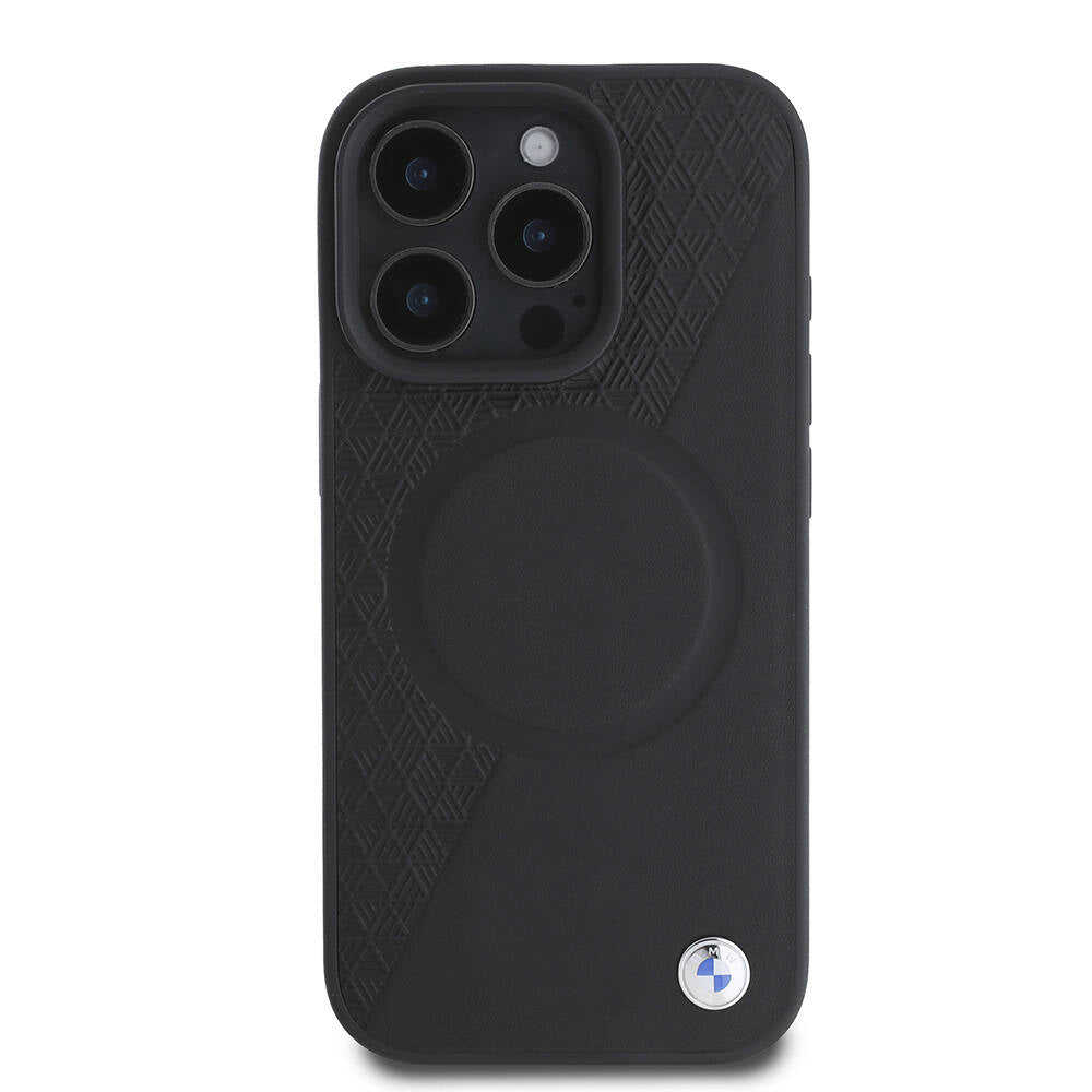 Apple iPhone 16 Pro Max Kılıf BMW Orjinal Lisanslı M-safe Şarj Özellikli Metal Logolu Yarım Dokulu Circle Deri Kapak Siyah