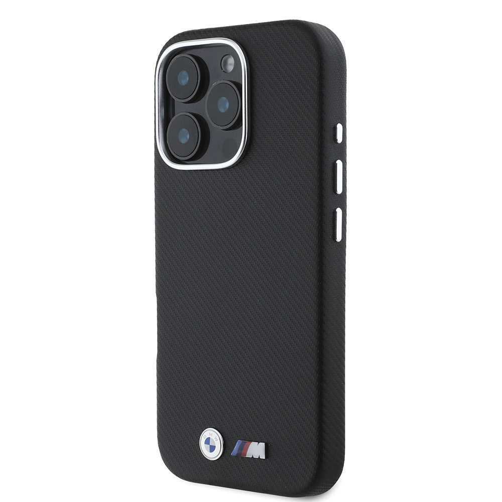 Apple iPhone 16 Pro Max Kılıf BMW Orjinal Lisanslı Tam Sarılmış Kevlar Tasarımlı Metal Logo Suni Deri Kapak Siyah