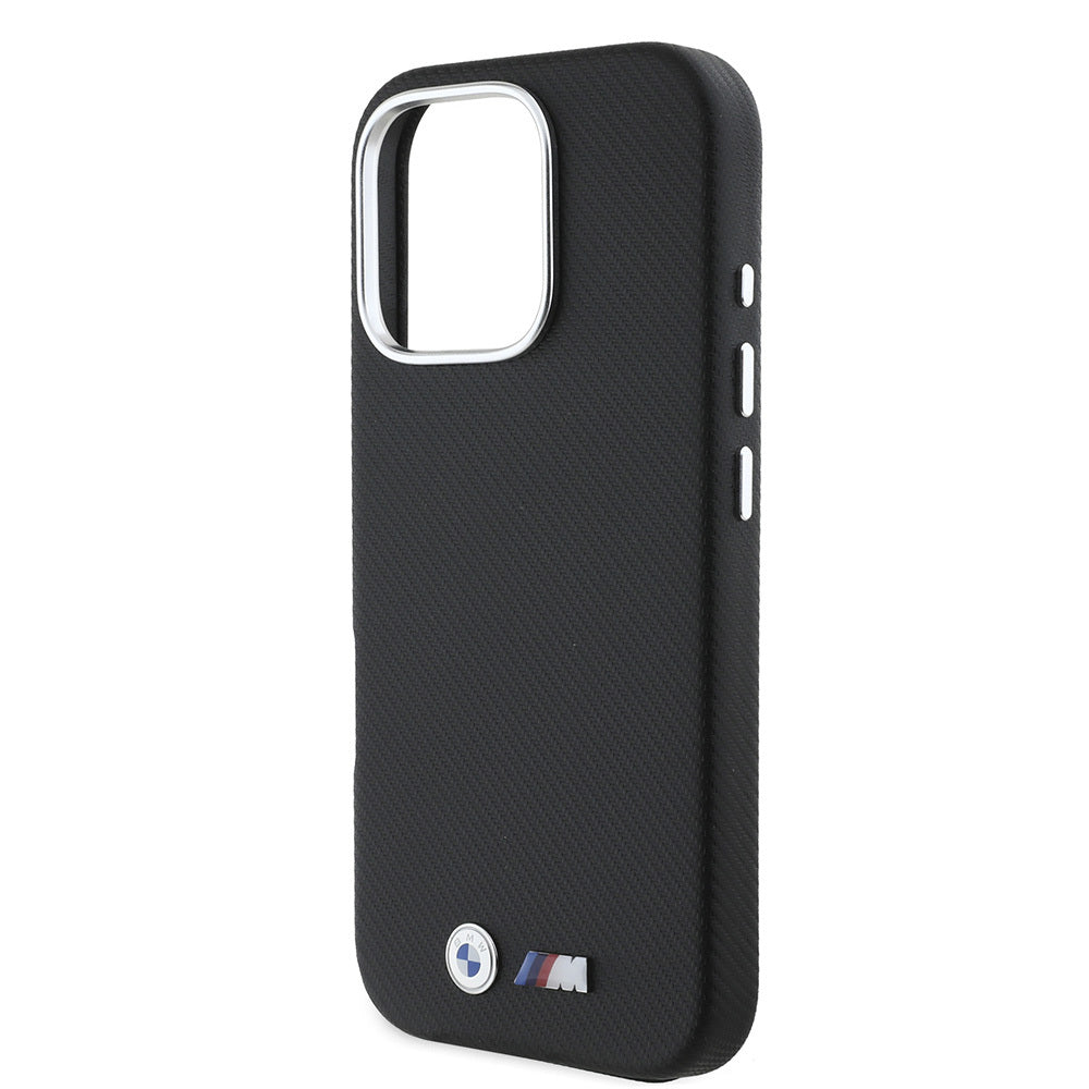 Apple iPhone 16 Pro Max Kılıf BMW Orjinal Lisanslı Tam Sarılmış Kevlar Tasarımlı Metal Logo Suni Deri Kapak Siyah