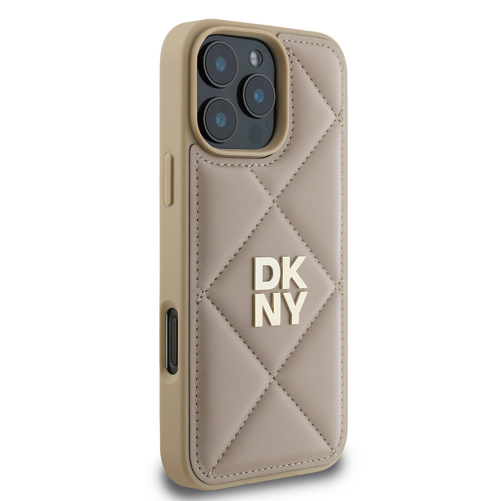 Apple iPhone 16 Pro Max Kılıf DKNY Orjinal Lisanslı Kapitone Tasarımlı Metal Logolu Deri Kapak Siyah