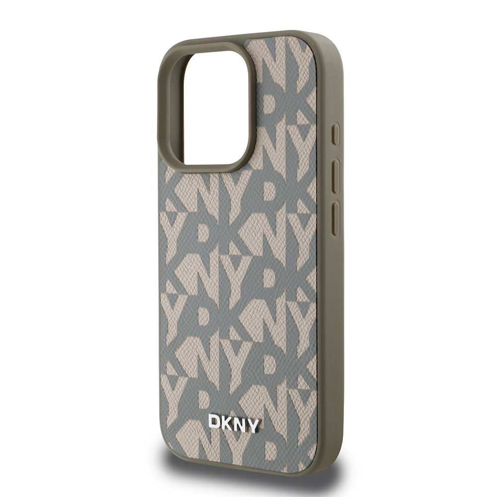 Apple iPhone 16 Pro Max Kılıf DKNY Orjinal Lisanslı M-safe Şarj Özellikli 3D Yazılı Grid Pattern Kapak Gri