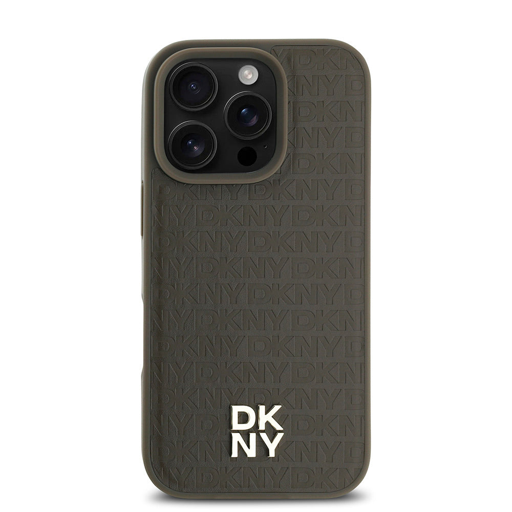Apple iPhone 16 Pro Max Kılıf DKNY Orjinal Lisanslı M-safe Şarj Özellikli 3D Yazılı Repeat Pattern Kapak Kahverengi