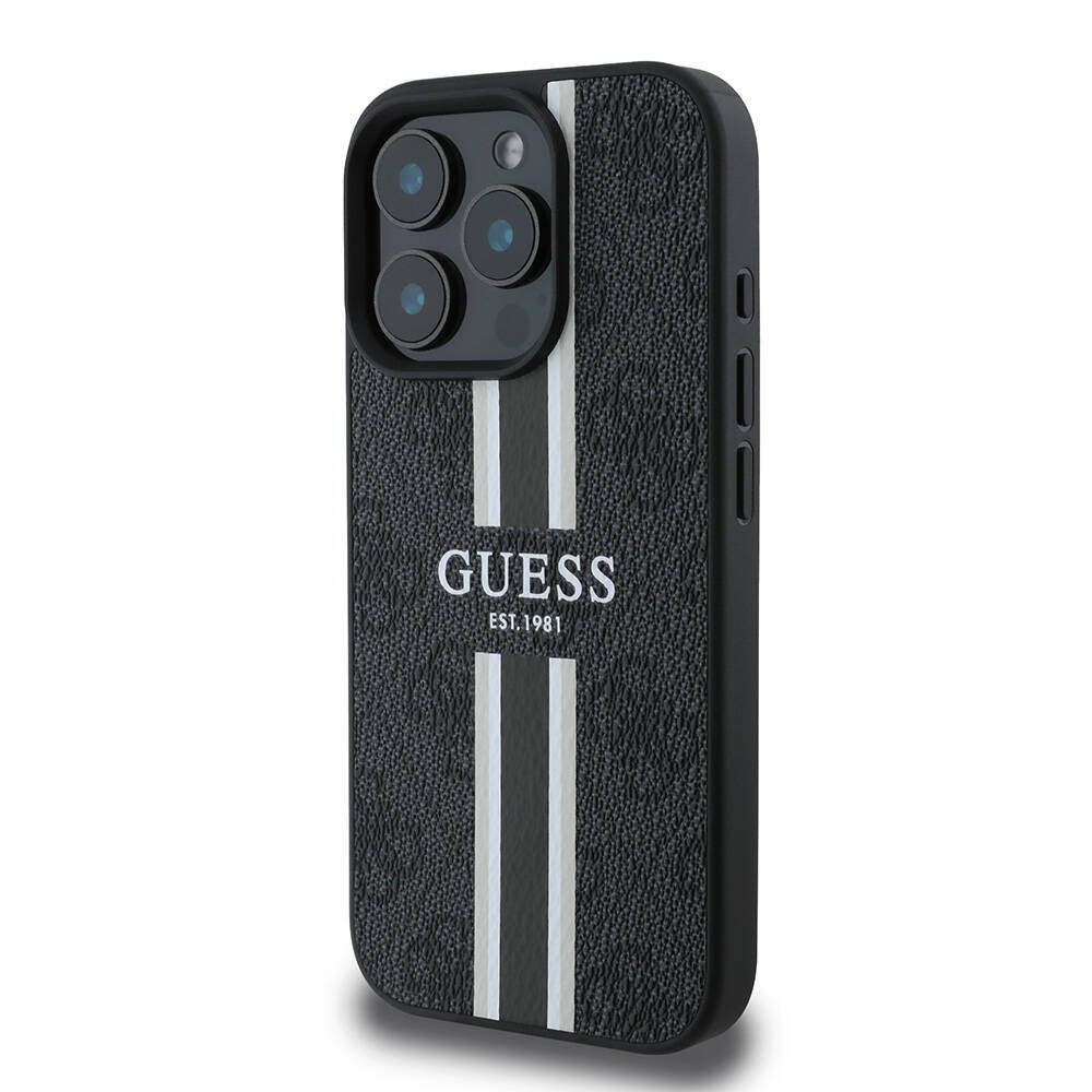 Apple iPhone 16 Pro Max Kılıf Guess Orjinal Lisanslı M-safe Şarj Özellikli 4G Şerit Tasarımlı Printed Kapak Siyah