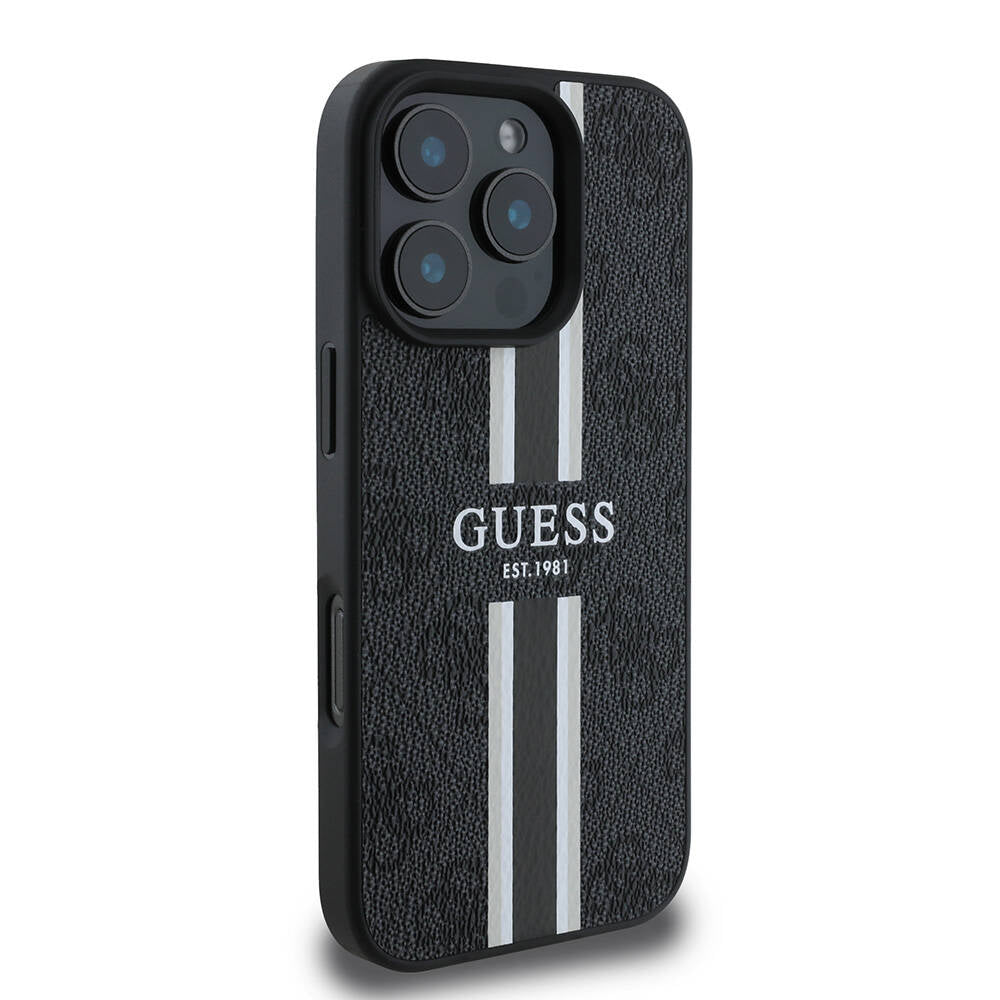 Apple iPhone 16 Pro Max Kılıf Guess Orjinal Lisanslı M-safe Şarj Özellikli 4G Şerit Tasarımlı Printed Kapak Kahverengi