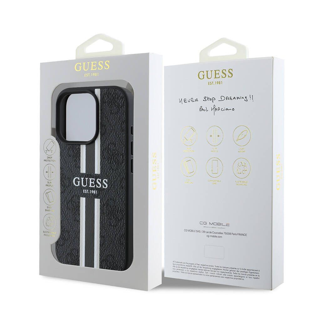 Apple iPhone 16 Pro Max Kılıf Guess Orjinal Lisanslı M-safe Şarj Özellikli 4G Şerit Tasarımlı Printed Kapak Kahverengi