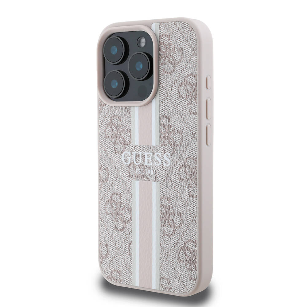 Apple iPhone 16 Pro Max Kılıf Guess Orjinal Lisanslı M-safe Şarj Özellikli 4G Şerit Tasarımlı Printed Kapak Siyah