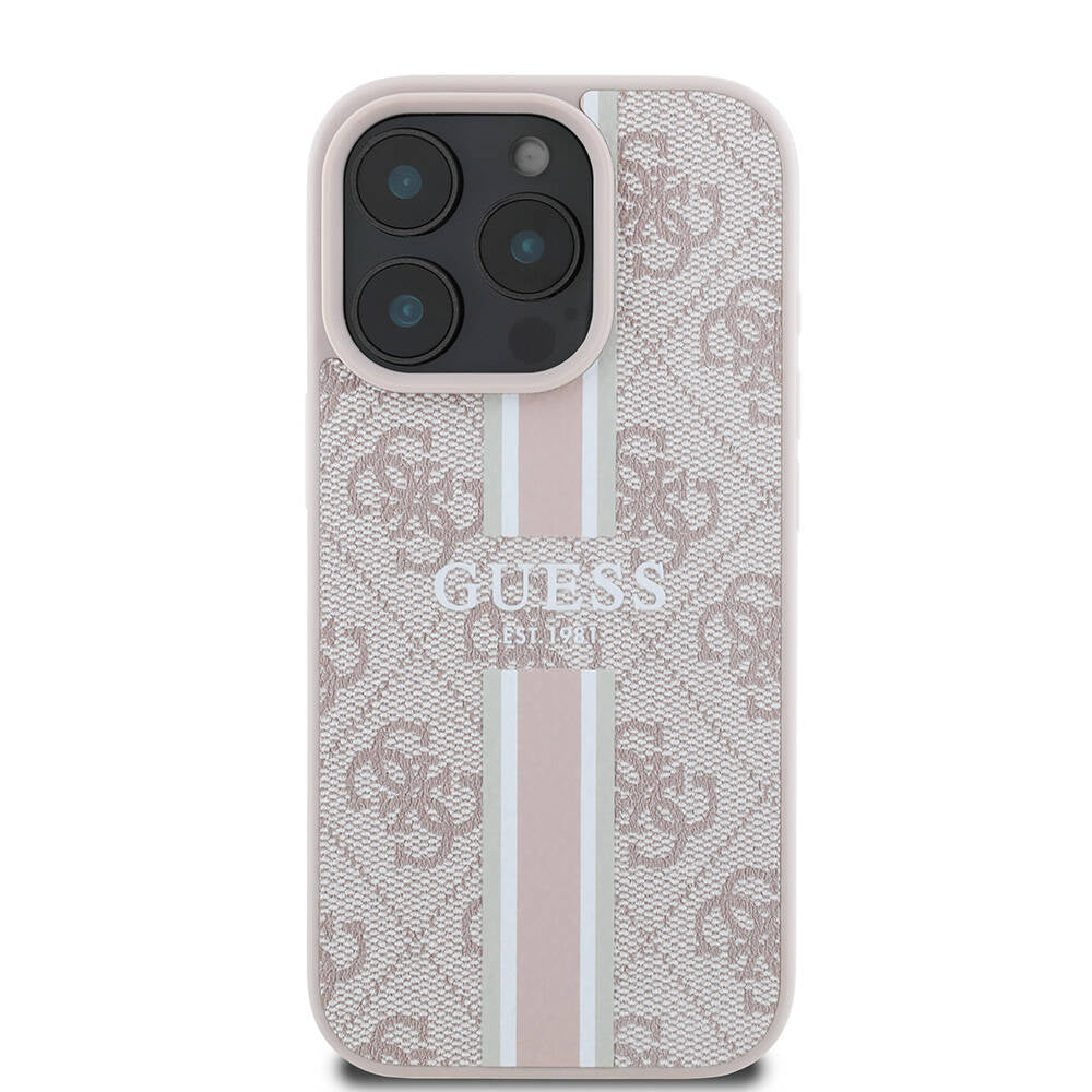 Apple iPhone 16 Pro Max Kılıf Guess Orjinal Lisanslı M-safe Şarj Özellikli 4G Şerit Tasarımlı Printed Kapak Pembe