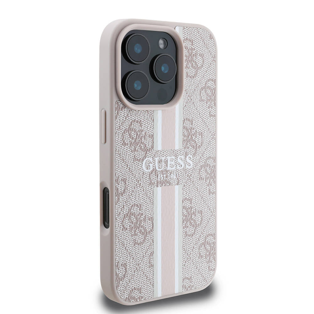 Apple iPhone 16 Pro Max Kılıf Guess Orjinal Lisanslı M-safe Şarj Özellikli 4G Şerit Tasarımlı Printed Kapak Kahverengi