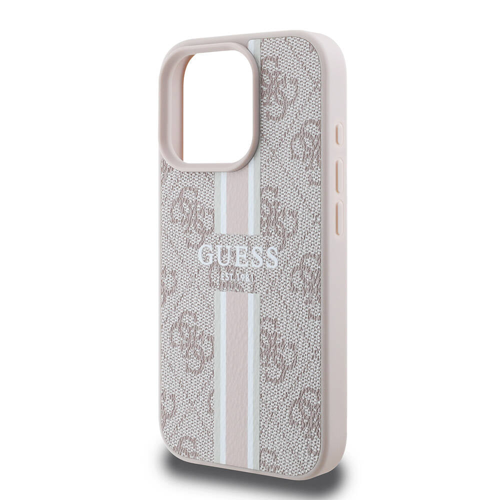 Apple iPhone 16 Pro Max Kılıf Guess Orjinal Lisanslı M-safe Şarj Özellikli 4G Şerit Tasarımlı Printed Kapak Kahverengi