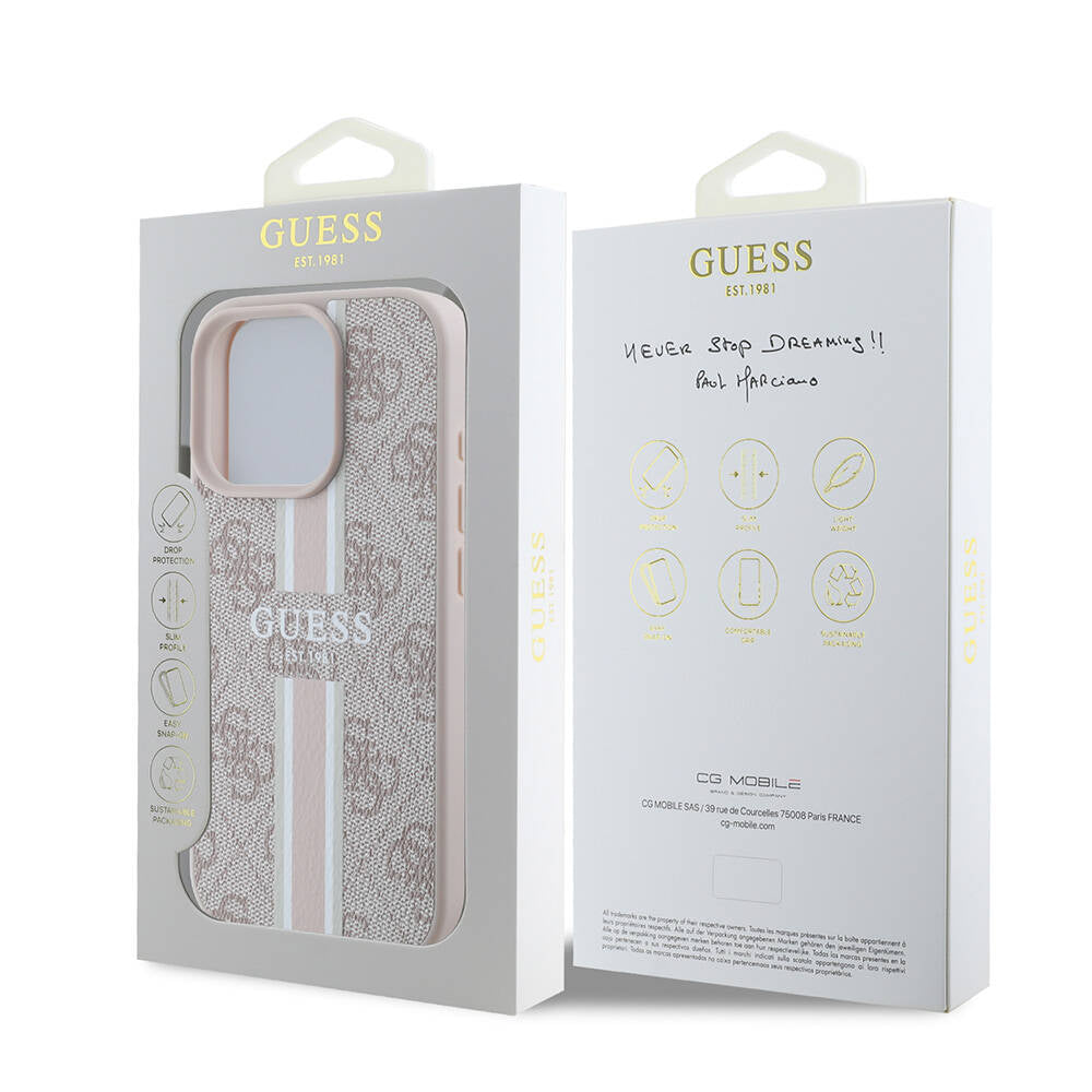 Apple iPhone 16 Pro Max Kılıf Guess Orjinal Lisanslı M-safe Şarj Özellikli 4G Şerit Tasarımlı Printed Kapak Kahverengi