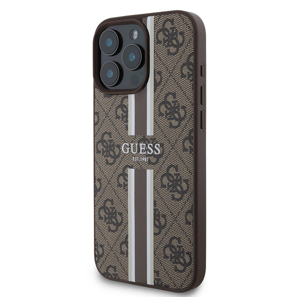 Apple iPhone 16 Pro Max Kılıf Guess Orjinal Lisanslı M-safe Şarj Özellikli 4G Şerit Tasarımlı Printed Kapak Siyah