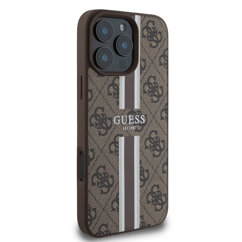 Apple iPhone 16 Pro Max Kılıf Guess Orjinal Lisanslı M-safe Şarj Özellikli 4G Şerit Tasarımlı Printed Kapak Siyah