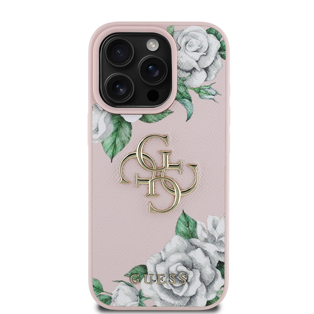 Apple iPhone 16 Pro Max Kılıf Guess Orjinal Lisanslı Gül Baskılı Büyük Metal Logo Dizaynlı Kapak