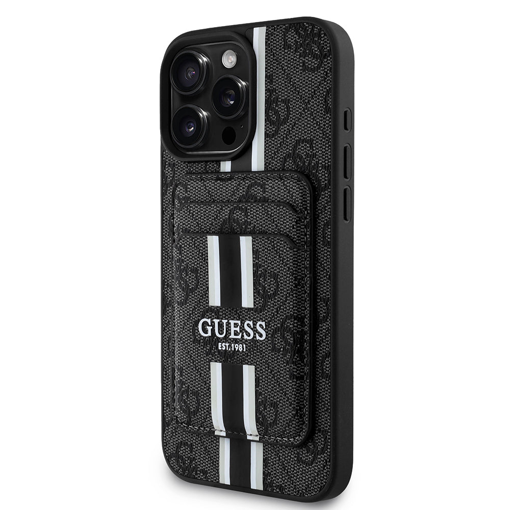 Apple iPhone 16 Pro Max Kılıf Guess Orjinal Lisanslı M-safe Şarj Özellikli 4G Desenli Çizgili Kartlıklı Kapak Kahverengi