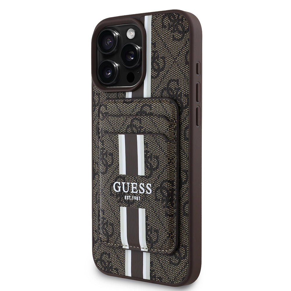 Apple iPhone 16 Pro Max Kılıf Guess Orjinal Lisanslı M-safe Şarj Özellikli 4G Desenli Çizgili Kartlıklı Kapak Kahverengi