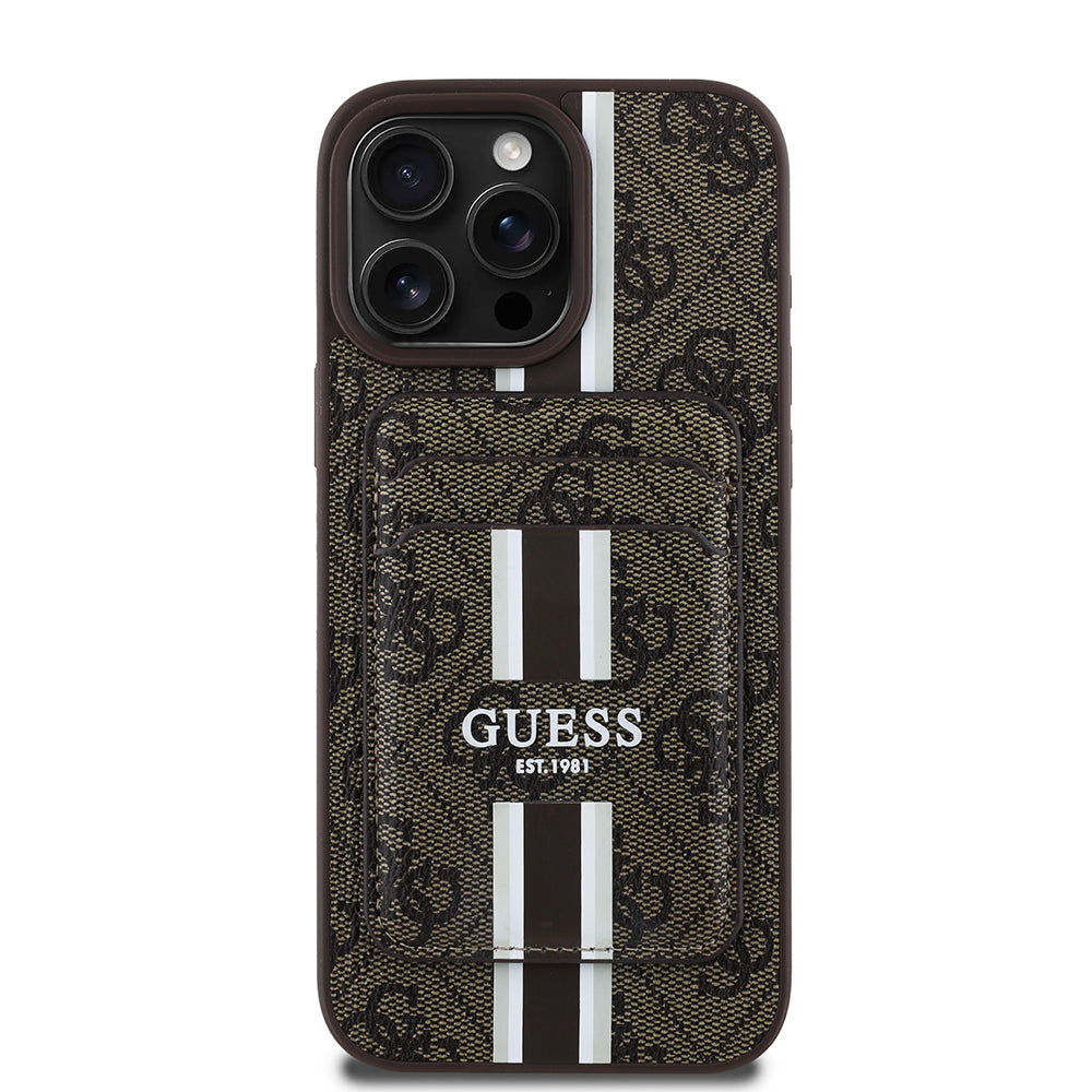 Apple iPhone 16 Pro Max Kılıf Guess Orjinal Lisanslı M-safe Şarj Özellikli 4G Desenli Çizgili Kartlıklı Kapak Siyah