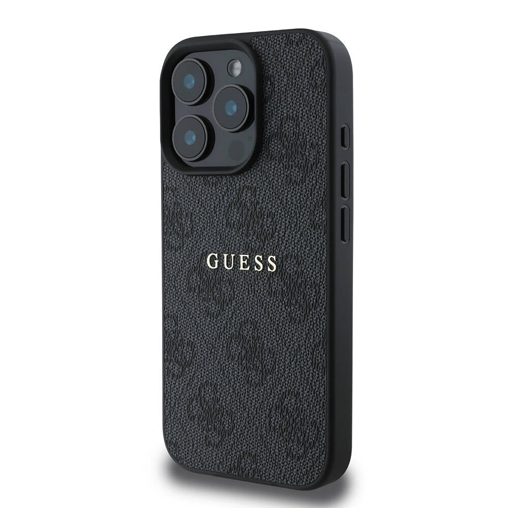 Apple iPhone 16 Pro Max Kılıf Guess Orjinal Lisanslı M-safe Şarj Özellikli 4G Desenli Yazı Logolu Kapak Siyah