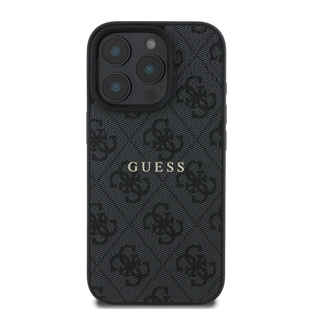 Apple iPhone 16 Pro Max Kılıf Guess Orjinal Lisanslı M-safe Şarj Özellikli 4G Desenli Yazı Logolu Kapak Siyah