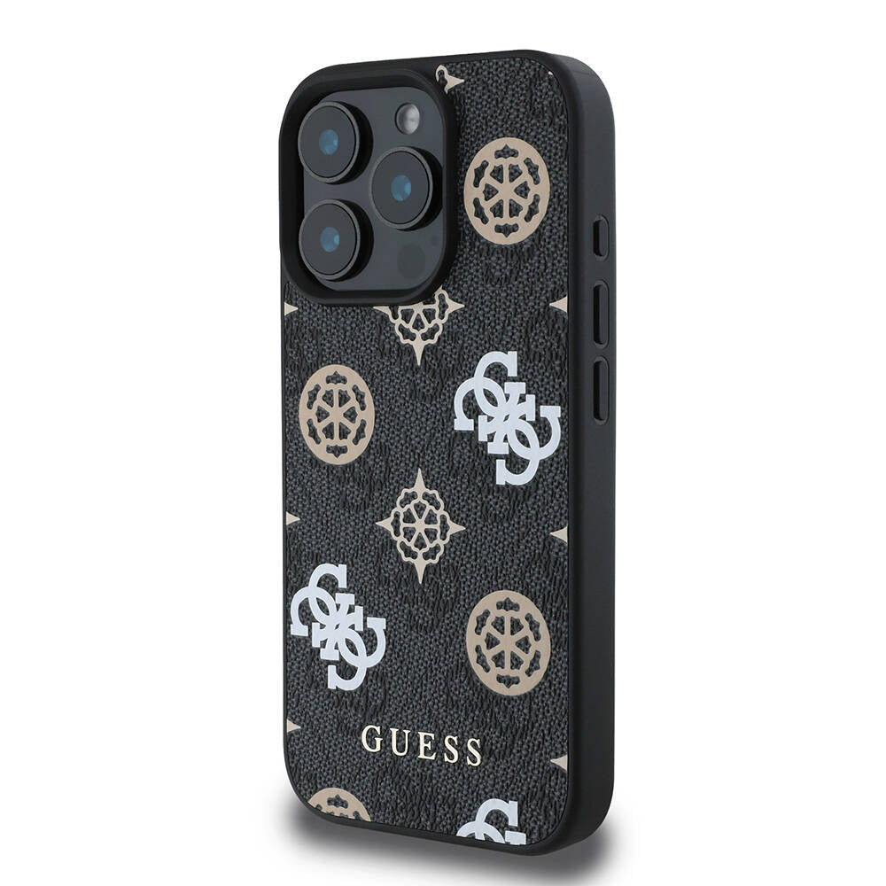 Apple iPhone 16 Pro Max Kılıf Guess Orjinal Lisanslı M-safe Şarj Özellikli 4G Desenli Yazı Logolu Peony Kapak Siyah