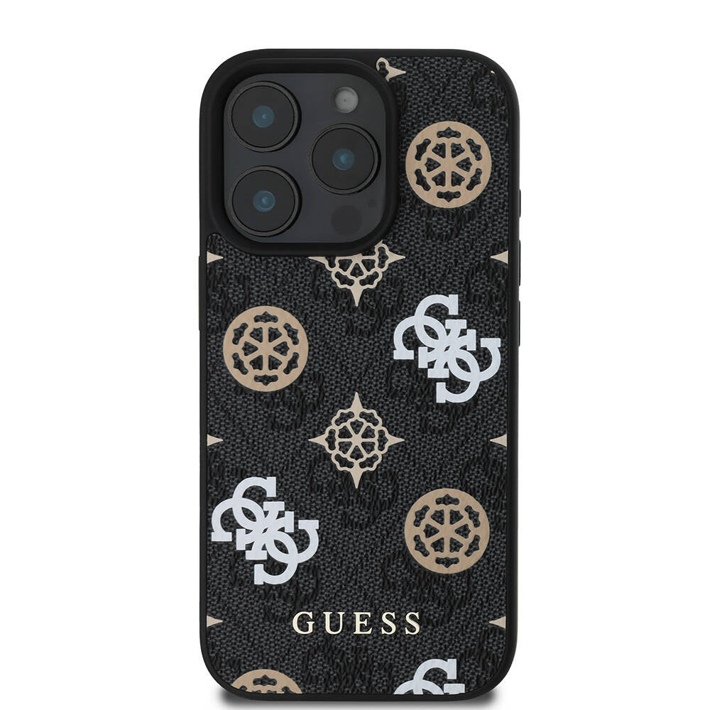 Apple iPhone 16 Pro Max Kılıf Guess Orjinal Lisanslı M-safe Şarj Özellikli 4G Desenli Yazı Logolu Peony Kapak Siyah
