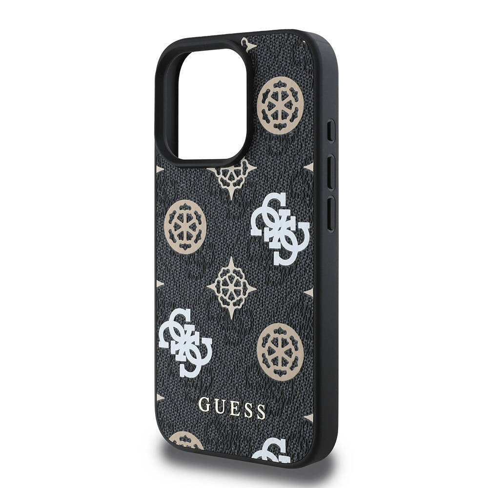 Apple iPhone 16 Pro Max Kılıf Guess Orjinal Lisanslı M-safe Şarj Özellikli 4G Desenli Yazı Logolu Peony Kapak Siyah