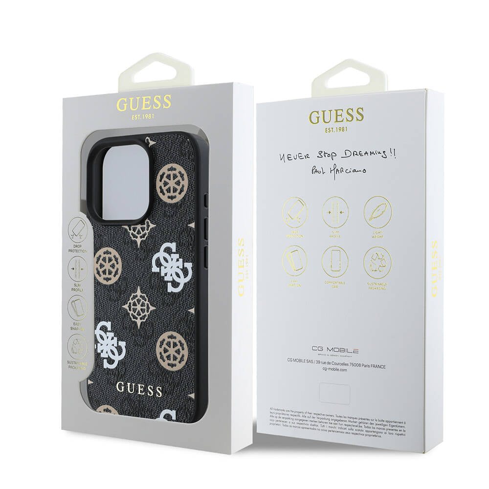 Apple iPhone 16 Pro Max Kılıf Guess Orjinal Lisanslı M-safe Şarj Özellikli 4G Desenli Yazı Logolu Peony Kapak Siyah