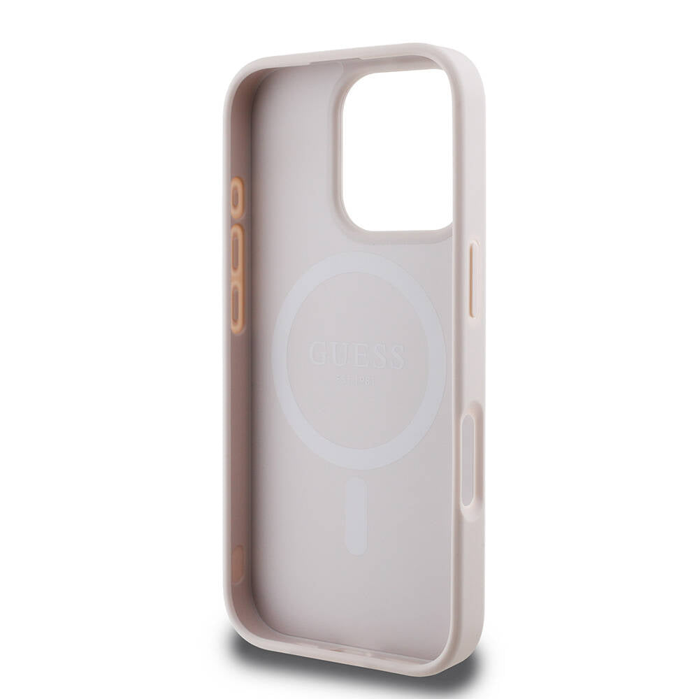 Apple iPhone 16 Pro Max Kılıf Guess Orjinal Lisanslı M-safe Şarj Özellikli 4G Desenli Yazı Logolu Peony Kapak Pembe