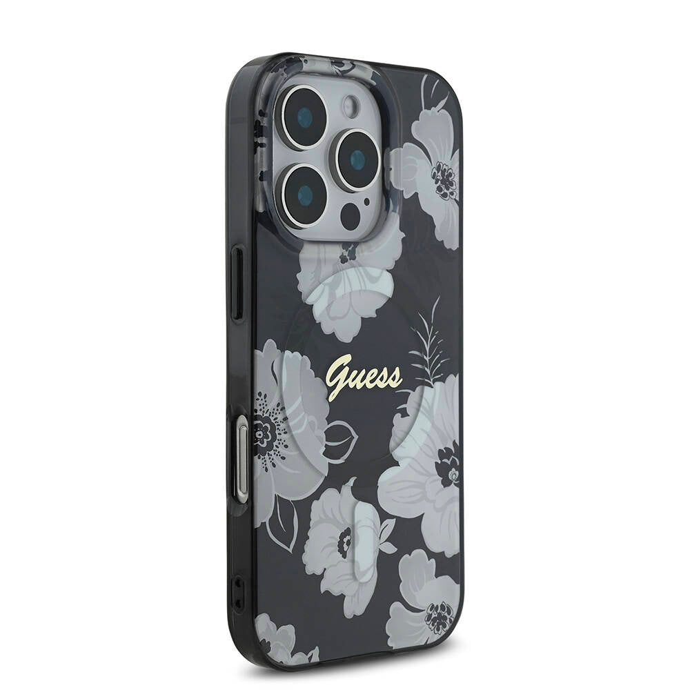 Apple iPhone 16 Pro Max Kılıf Guess Orjinal Lisanslı M-safe Şarj Özellikli Flower Tone On Tone Ring Kapak Pembe