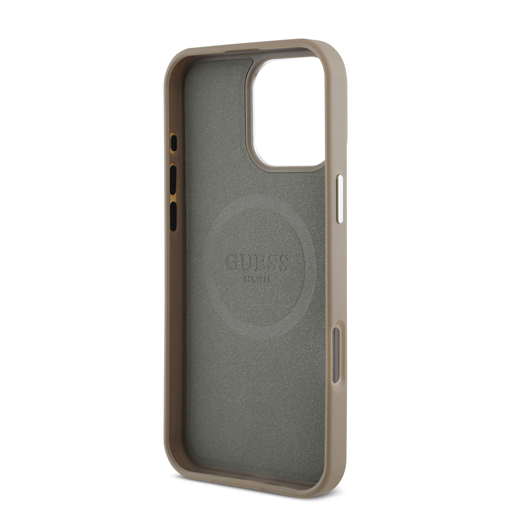 Apple iPhone 16 Pro Max Kılıf Guess Orjinal Lisanslı M-safe Şarj Özellikli Grained Triangle Kapak Kahverengi