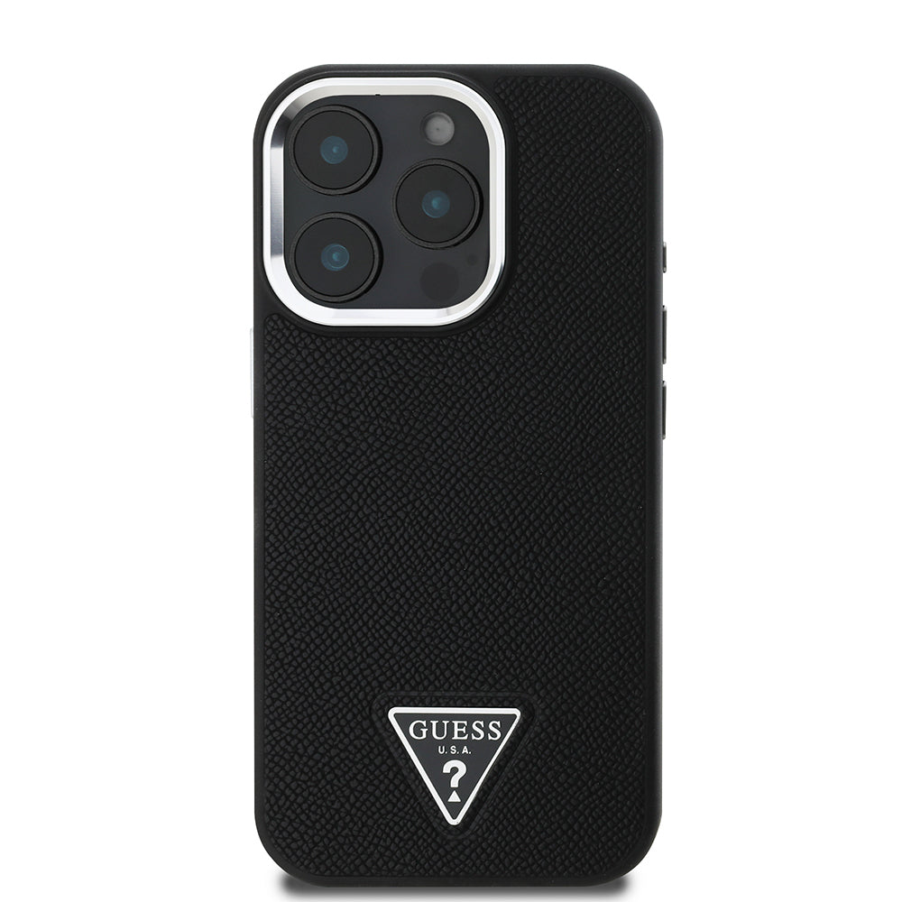 Apple iPhone 16 Pro Max Kılıf Guess Orjinal Lisanslı M-safe Şarj Özellikli Grained Triangle Kapak Siyah