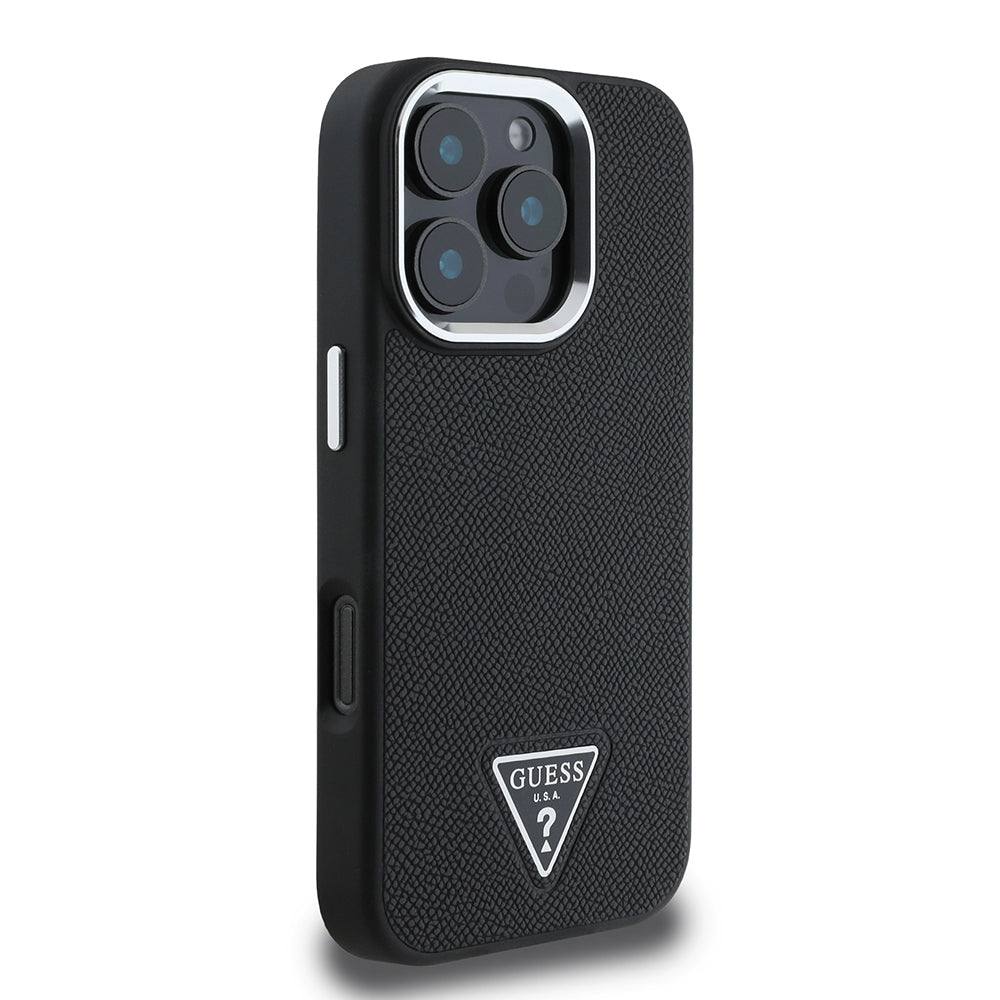 Apple iPhone 16 Pro Max Kılıf Guess Orjinal Lisanslı M-safe Şarj Özellikli Grained Triangle Kapak Siyah
