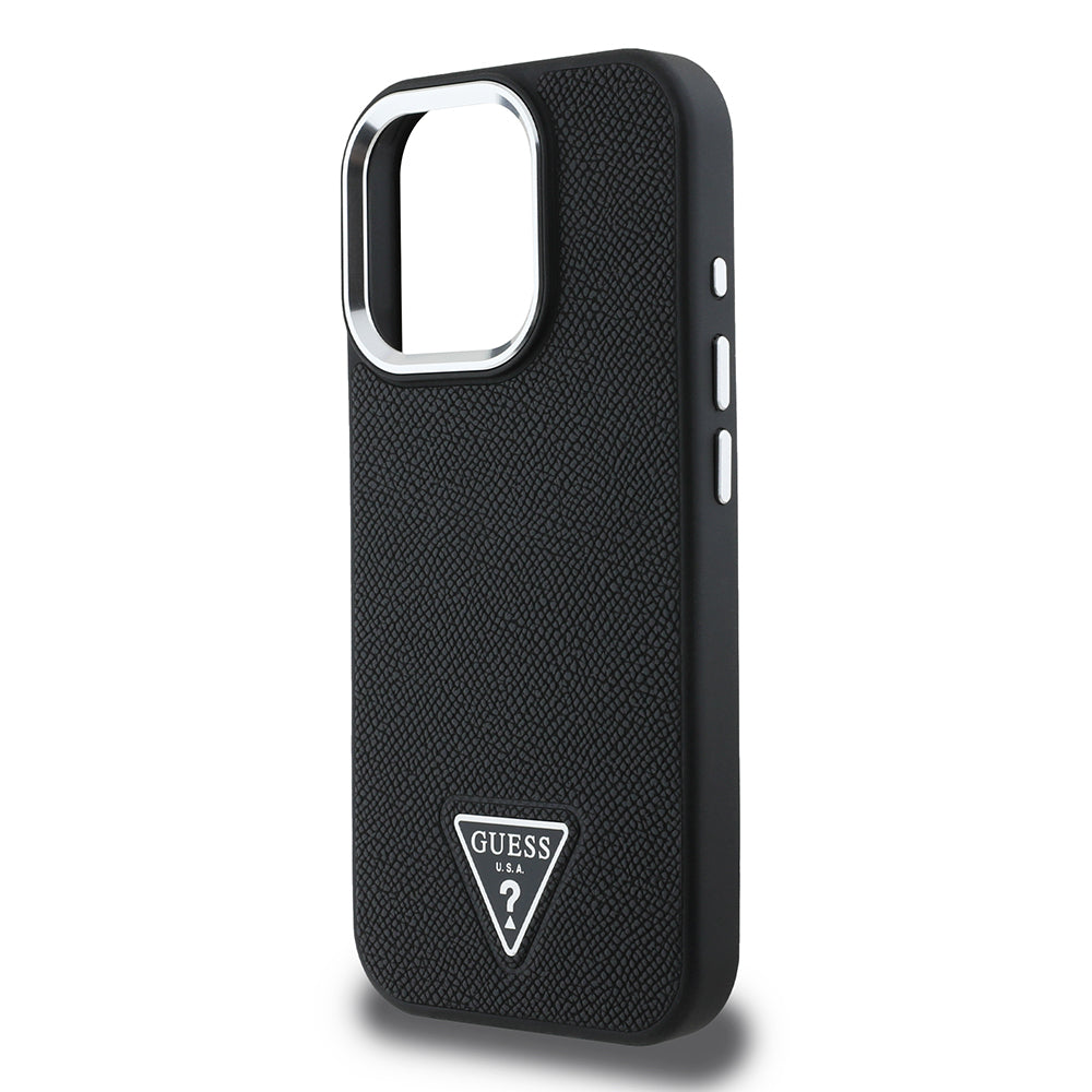 Apple iPhone 16 Pro Max Kılıf Guess Orjinal Lisanslı M-safe Şarj Özellikli Grained Triangle Kapak Siyah