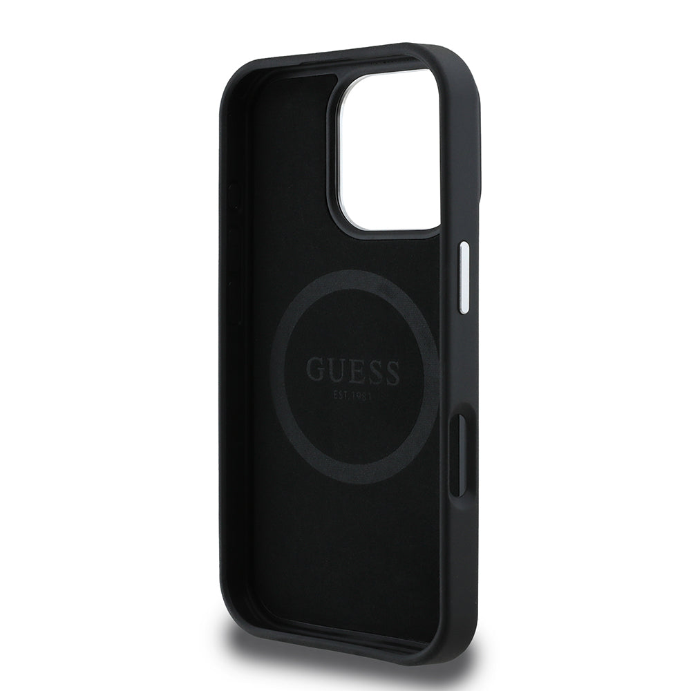 Apple iPhone 16 Pro Max Kılıf Guess Orjinal Lisanslı M-safe Şarj Özellikli Grained Triangle Kapak Siyah