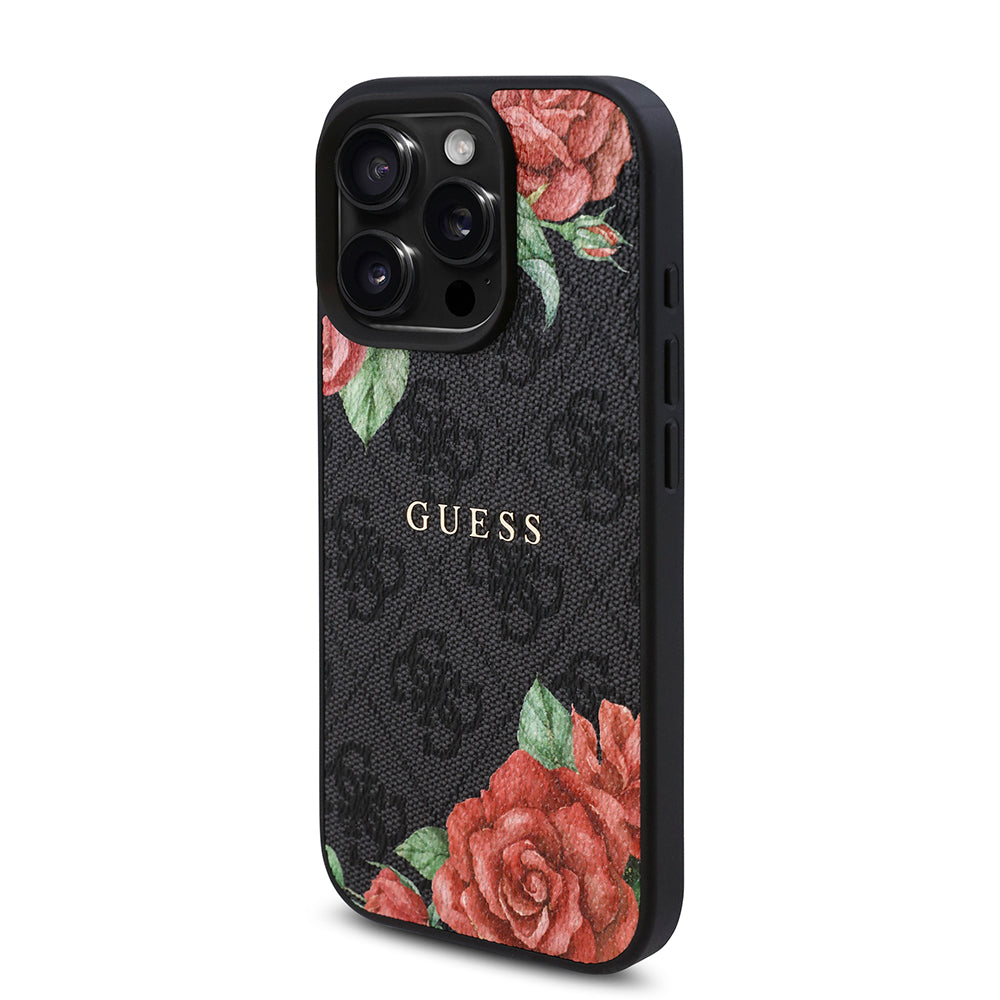 Apple iPhone 16 Pro Max Kılıf Guess Orjinal Lisanslı M-safe Şarj Özellikli Gül Baskılı 4G Desenli Yazı Logolu Kapak Siyah