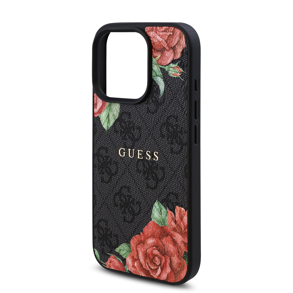 Apple iPhone 16 Pro Max Kılıf Guess Orjinal Lisanslı M-safe Şarj Özellikli Gül Baskılı 4G Desenli Yazı Logolu Kapak Siyah
