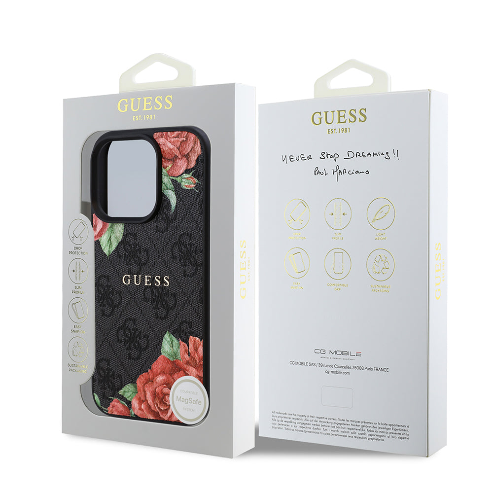 Apple iPhone 16 Pro Max Kılıf Guess Orjinal Lisanslı M-safe Şarj Özellikli Gül Baskılı 4G Desenli Yazı Logolu Kapak Kahverengi
