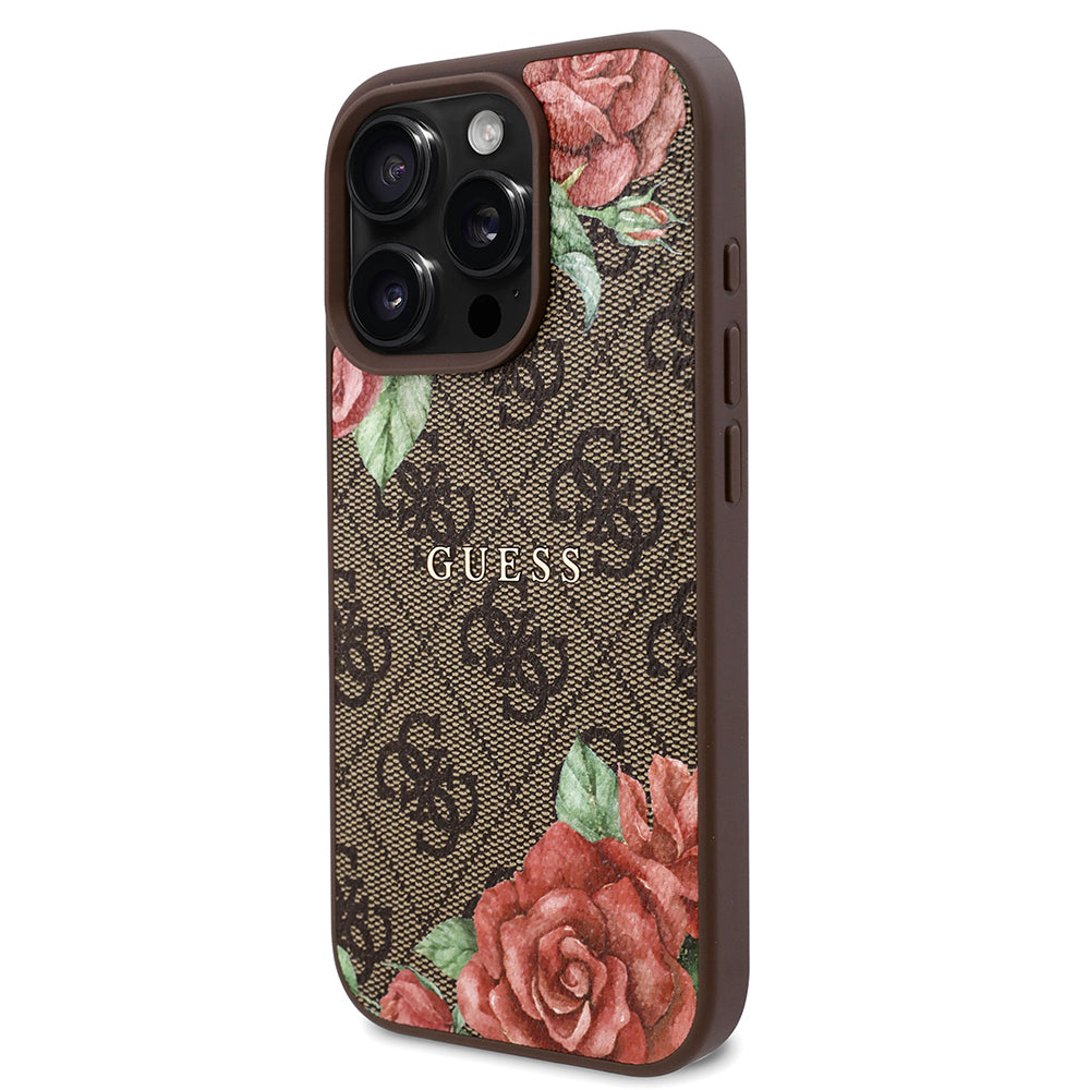 Apple iPhone 16 Pro Max Kılıf Guess Orjinal Lisanslı M-safe Şarj Özellikli Gül Baskılı 4G Desenli Yazı Logolu Kapak Siyah