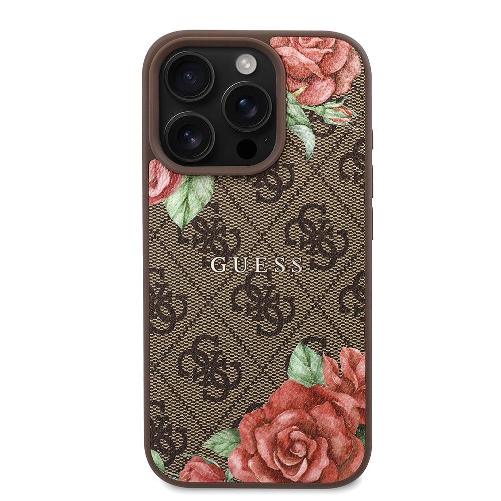 Apple iPhone 16 Pro Max Kılıf Guess Orjinal Lisanslı M-safe Şarj Özellikli Gül Baskılı 4G Desenli Yazı Logolu Kapak Siyah