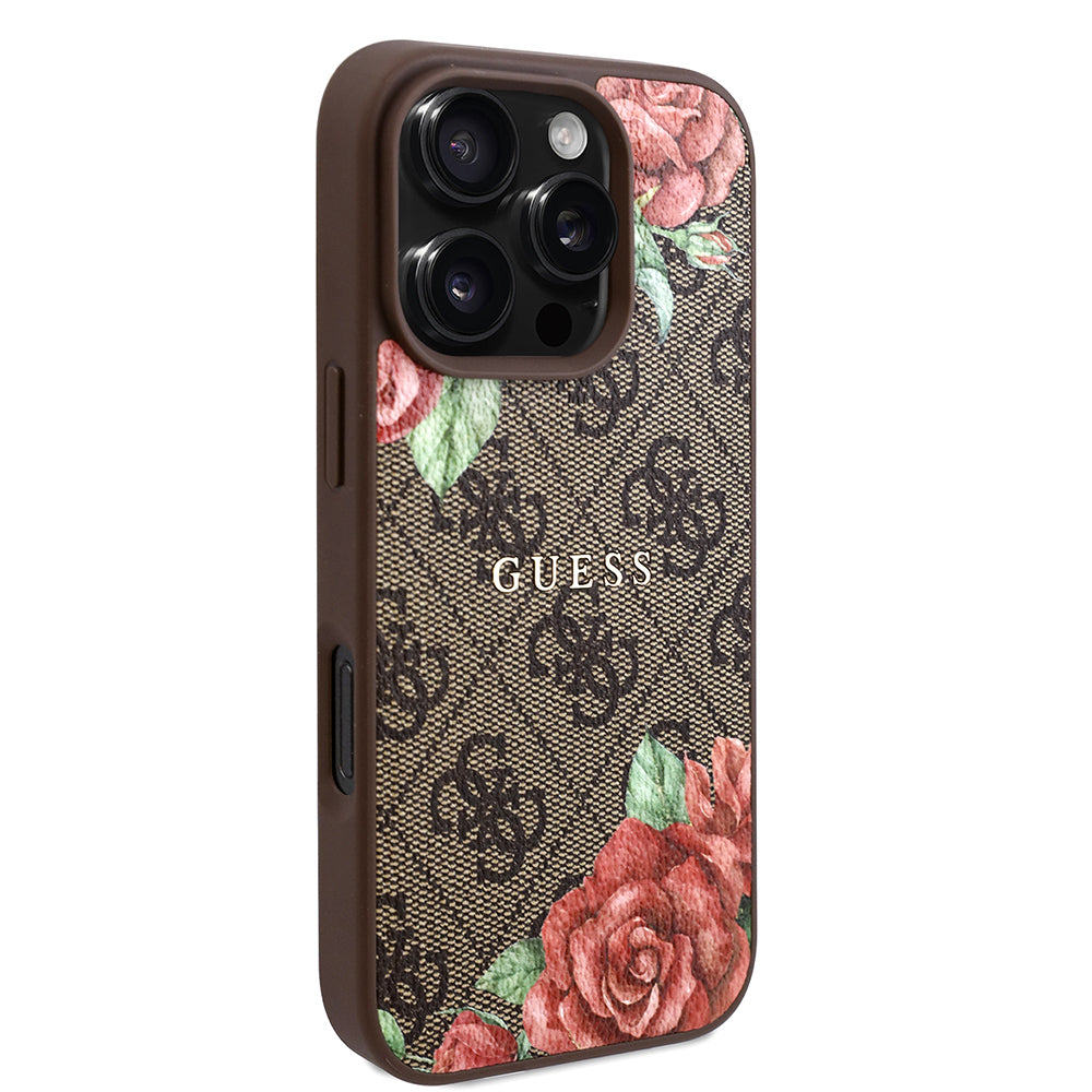 Apple iPhone 16 Pro Max Kılıf Guess Orjinal Lisanslı M-safe Şarj Özellikli Gül Baskılı 4G Desenli Yazı Logolu Kapak Siyah