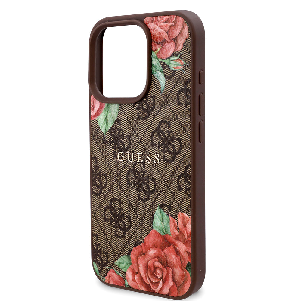 Apple iPhone 16 Pro Max Kılıf Guess Orjinal Lisanslı M-safe Şarj Özellikli Gül Baskılı 4G Desenli Yazı Logolu Kapak Siyah