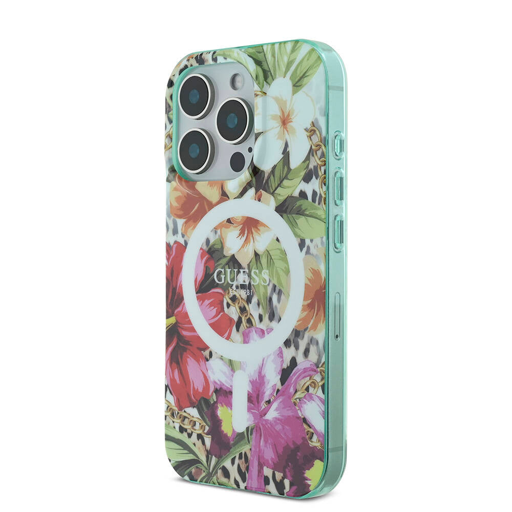 Apple iPhone 16 Pro Max Kılıf Guess Orjinal Lisanslı M-safe Şarj Özellikli IML Baskılı Jungle Ring Kapak Mor