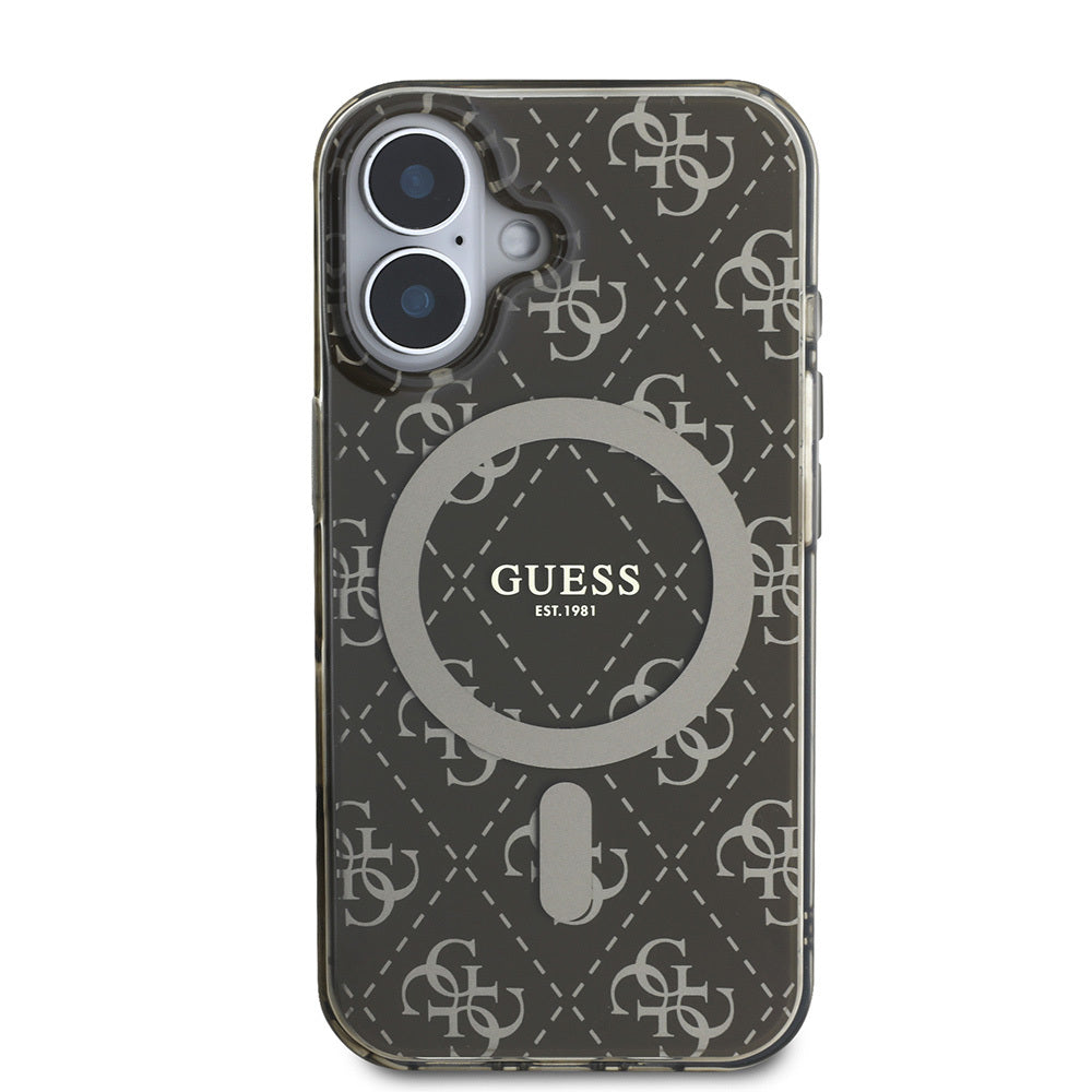 Apple iPhone 16 Pro Max Kılıf Guess Orjinal Lisanslı M-safe Şarj Özellikli IML Baskılı Klasik Logolu 4G Desenli Kapak Kahverengi