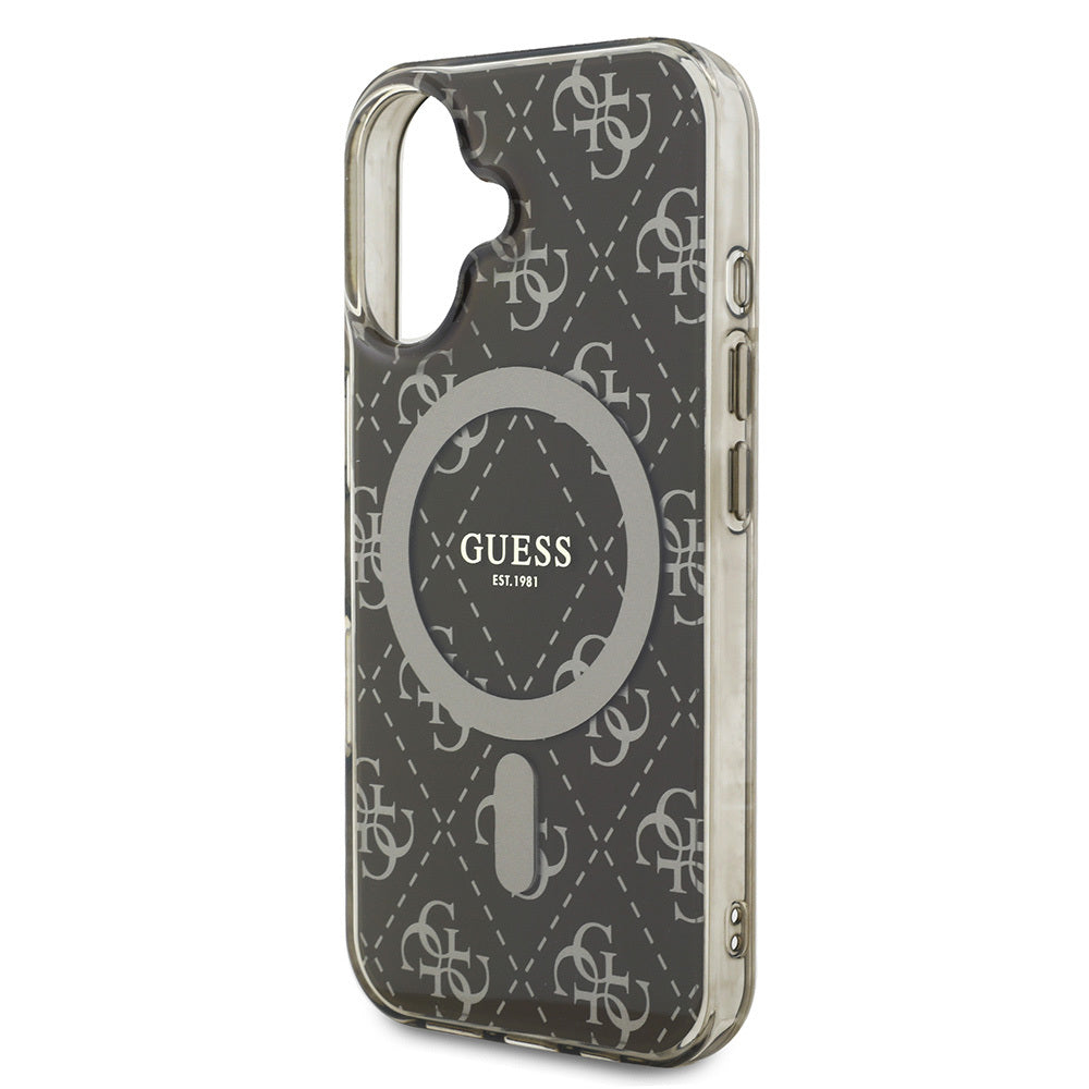 Apple iPhone 16 Pro Max Kılıf Guess Orjinal Lisanslı M-safe Şarj Özellikli IML Baskılı Klasik Logolu 4G Desenli Kapak Kahverengi