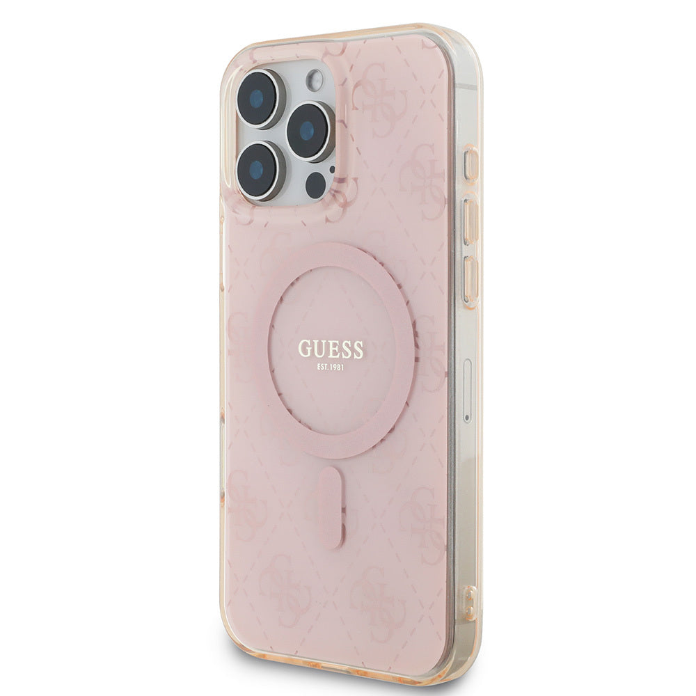 Apple iPhone 16 Pro Max Kılıf Guess Orjinal Lisanslı M-safe Şarj Özellikli IML Baskılı Klasik Logolu 4G Desenli Kapak Pembe