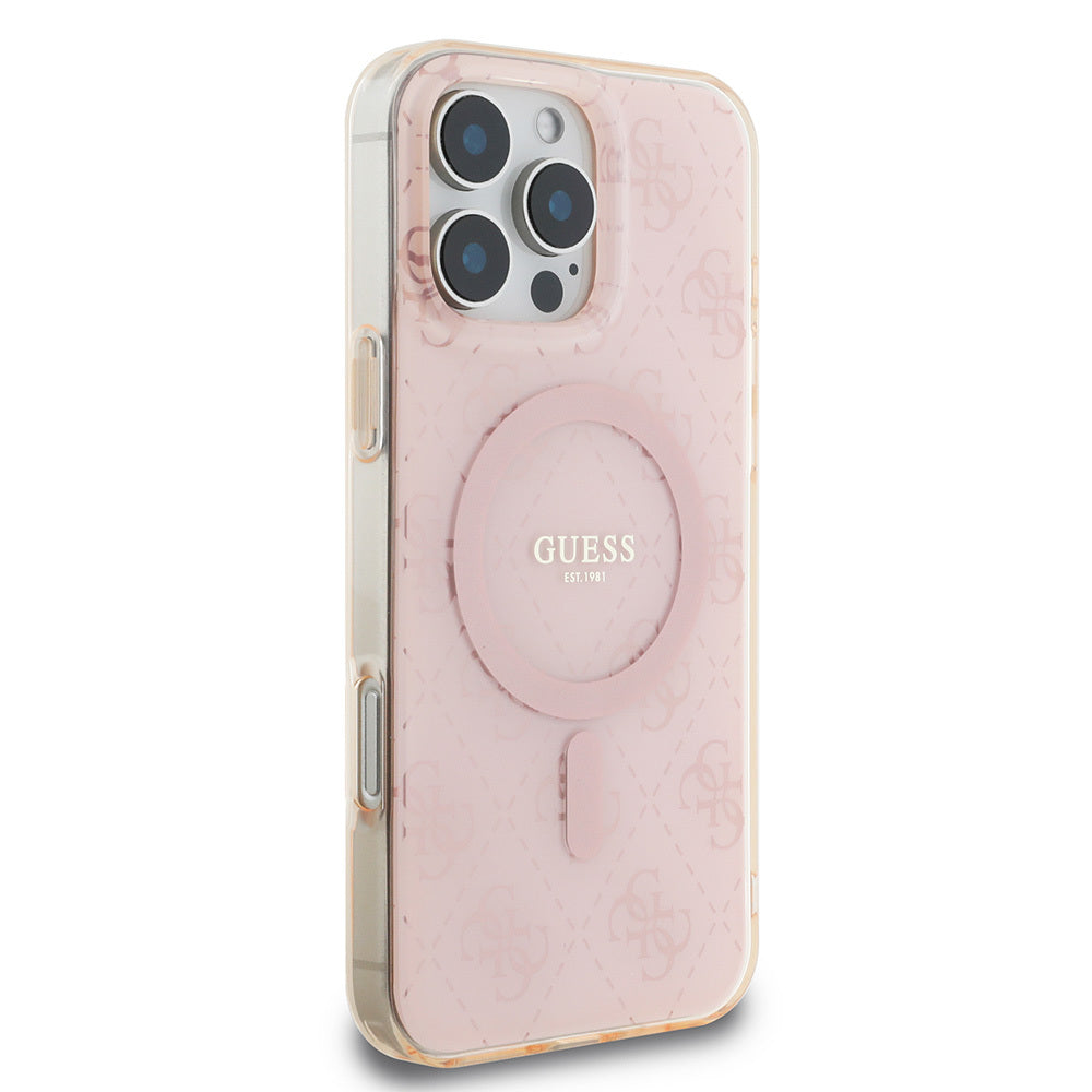 Apple iPhone 16 Pro Max Kılıf Guess Orjinal Lisanslı M-safe Şarj Özellikli IML Baskılı Klasik Logolu 4G Desenli Kapak Kahverengi